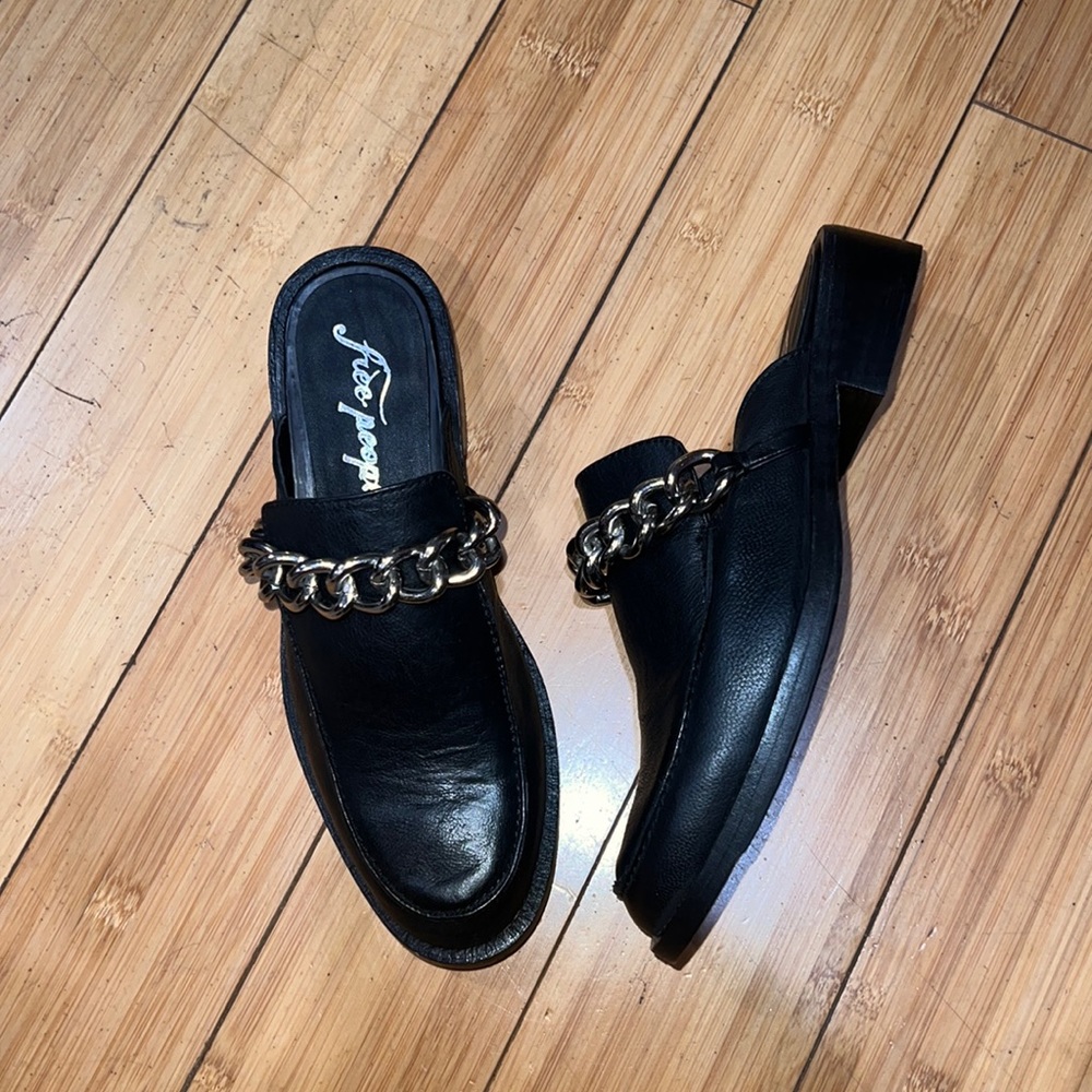 Free People Black Mules with Silver Chain